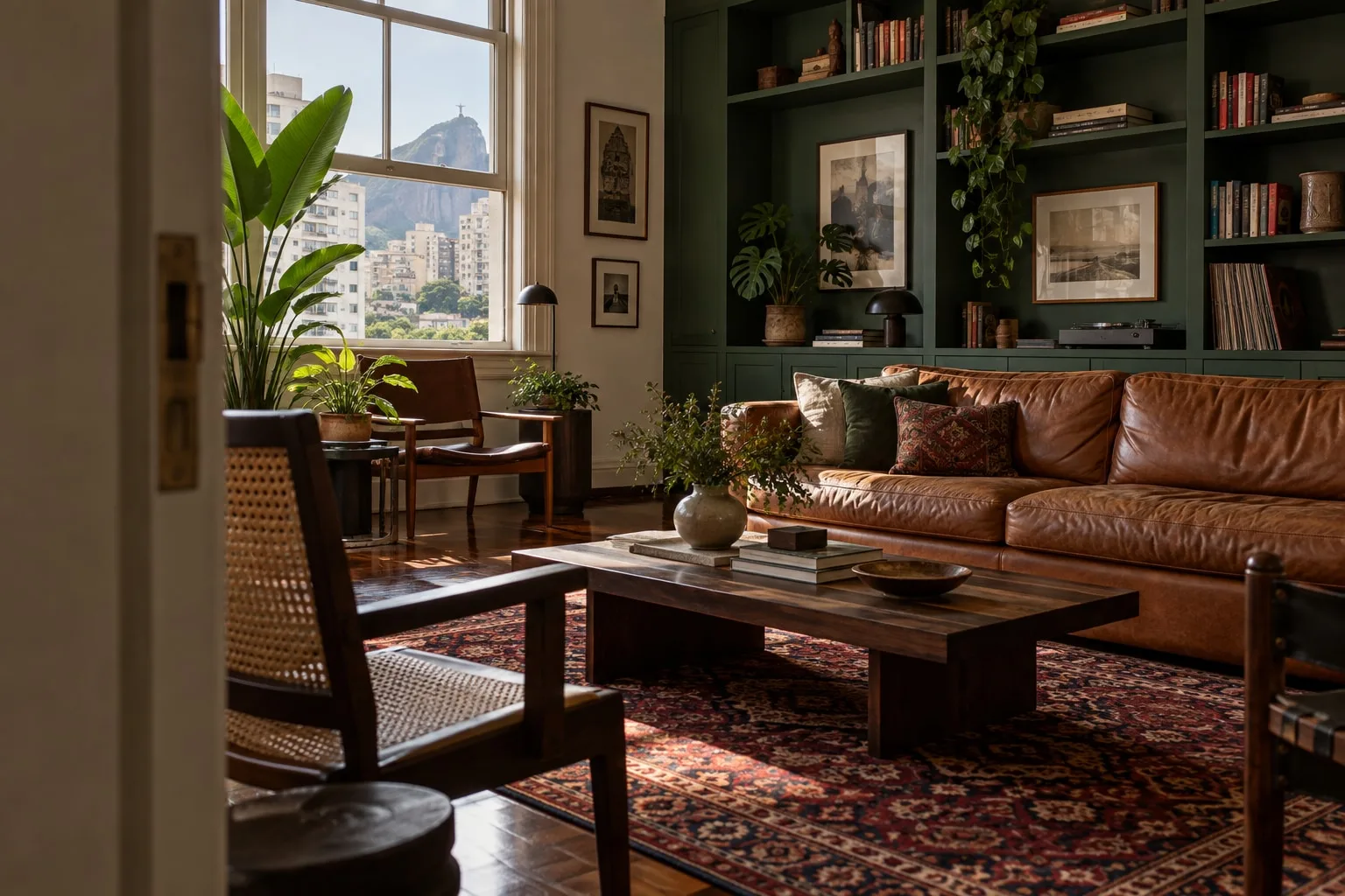 Sala carioca com estante verde, sofá de couro e tapete vinho