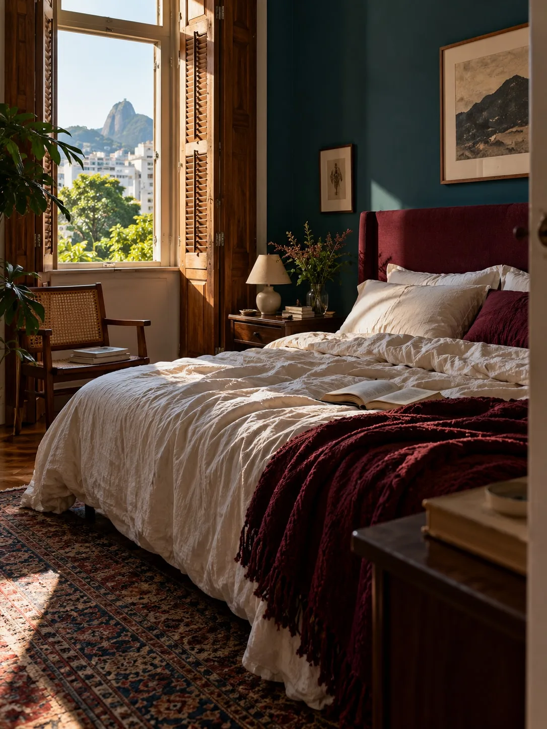 Quarto com cabeceira vinho, parede teal e luz entrando pela janela