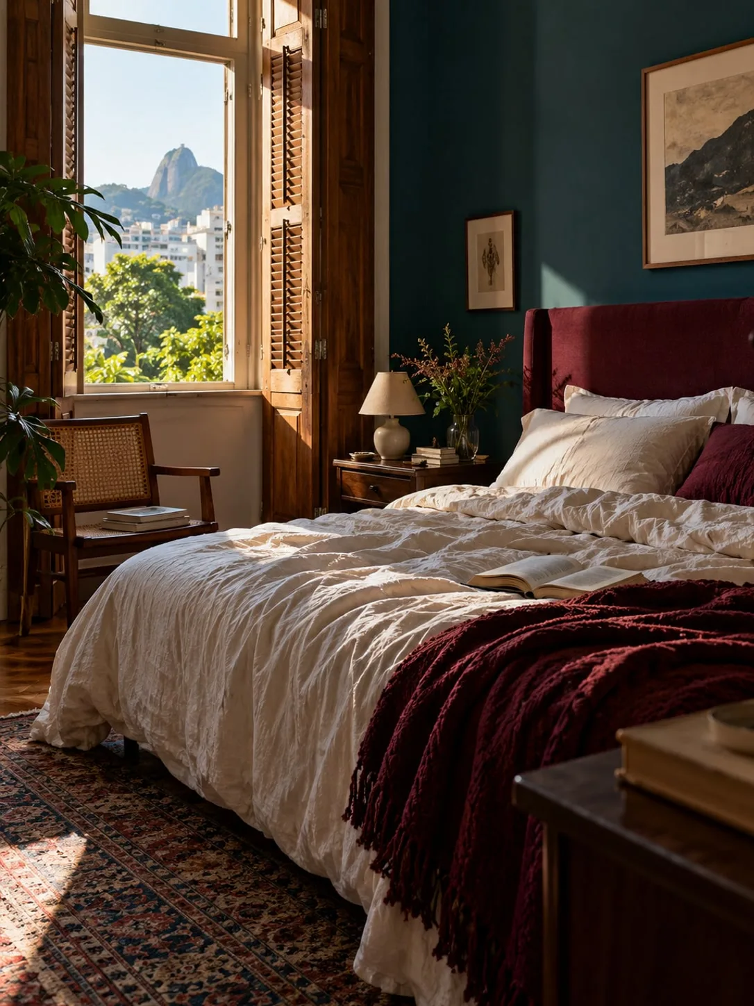 Quarto com cabeceira vinho, parede teal e luz entrando pela janela