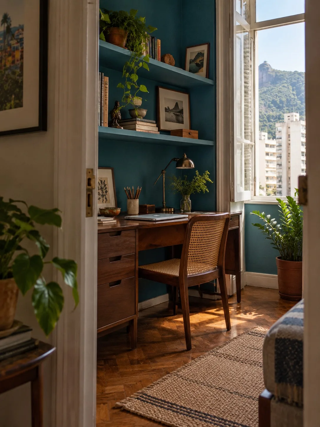 Escritório compacto com mesa de madeira escura e cadeira de palhinha
