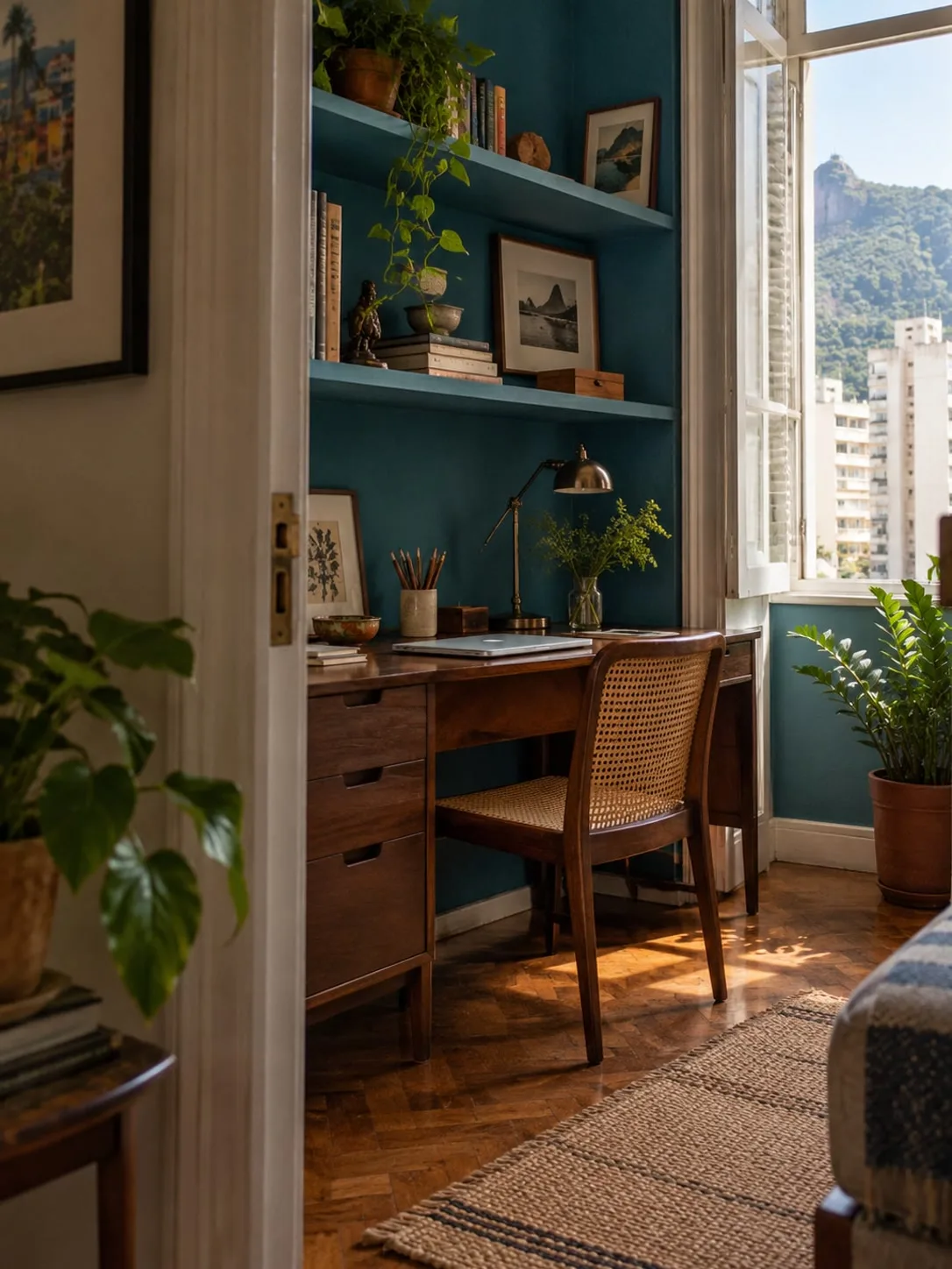 Escritório compacto com mesa de madeira escura e cadeira de palhinha