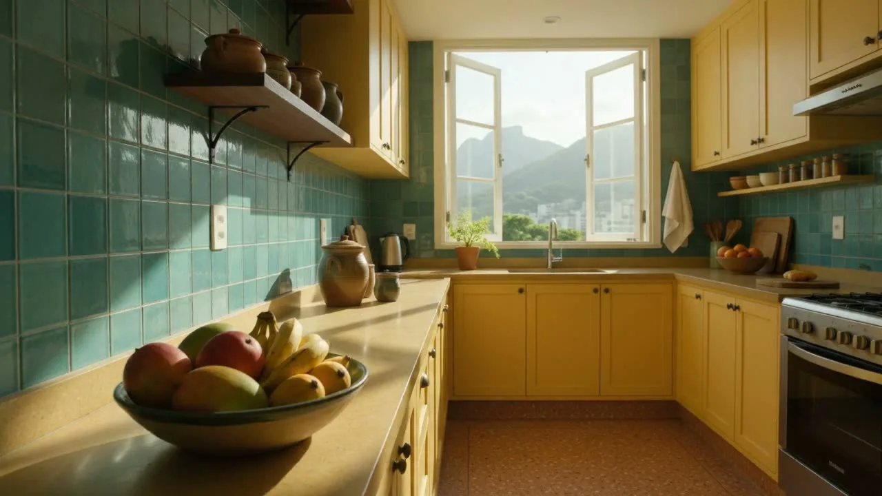 Cozinha com azulejos teal, armários amarelos e luz natural