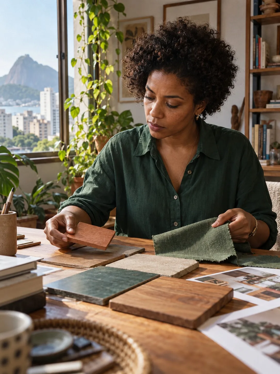 Clara, designer de interiores, comparando materiais em sua mesa
