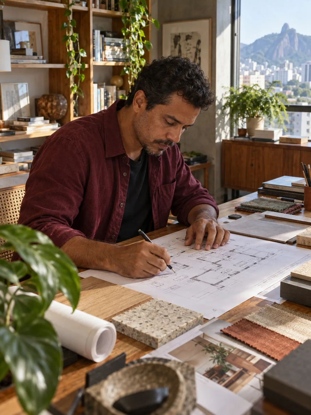 Rafael, designer de interiores, trabalhando sobre uma planta