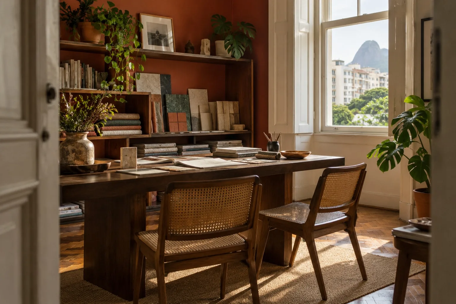 Mesa de atendimento do estúdio com materiais, cadeiras de palhinha e plantas