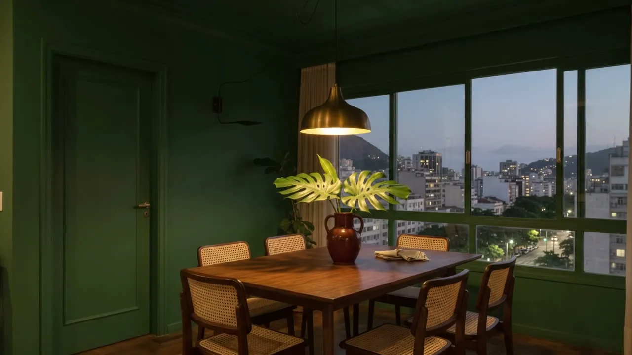 Sala de jantar verde com mesa de madeira, cadeiras de palhinha e vista para Botafogo