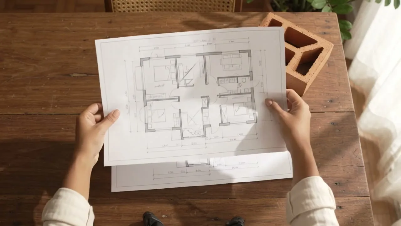 Mãos da designer organizando ladrilho hidráulico, palhinha, madeira e tecidos sobre a planta de um apartamento
