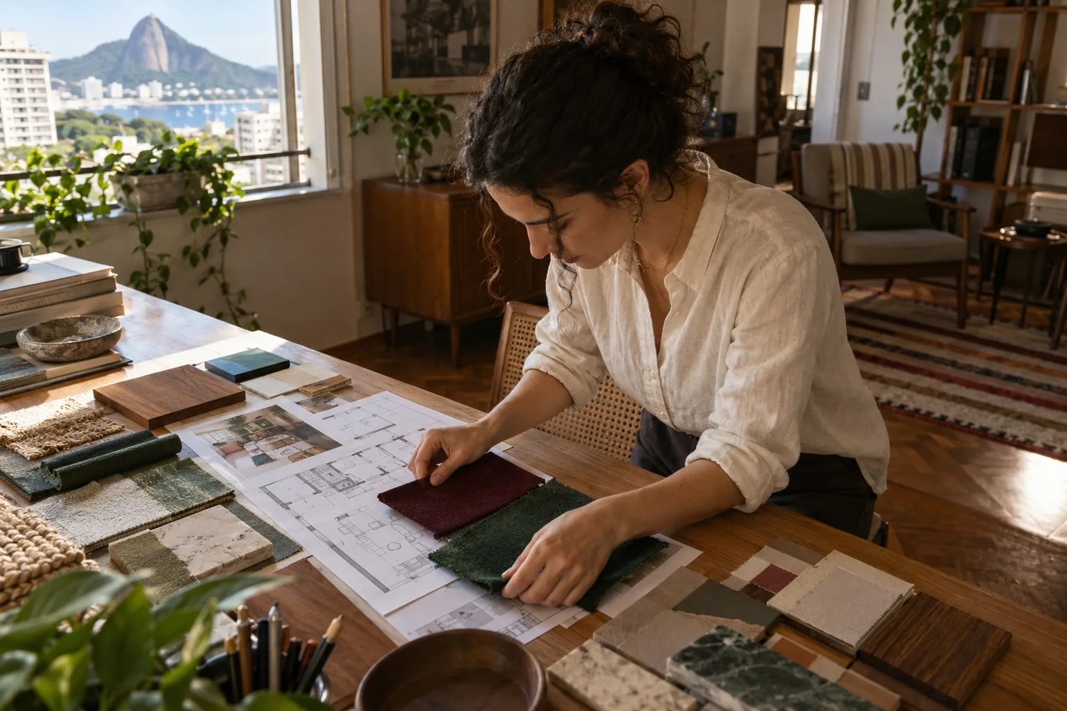 Designer concentrada comparando amostras de tecido e planta de um apartamento